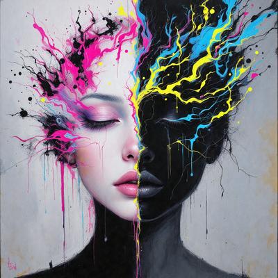 The primary subject of the image is a woman with two faces, one black and one white. The setting is a painting, and the visual style is a combination of digital art and illustration. The dominant colors are black, white, and various shades of pink, creating a striking contrast between the two faces. The overall atmosphere of the painting is intriguing and thought-provoking, as it challenges the viewer to consider the concept of duality and the interplay between light and darkness.